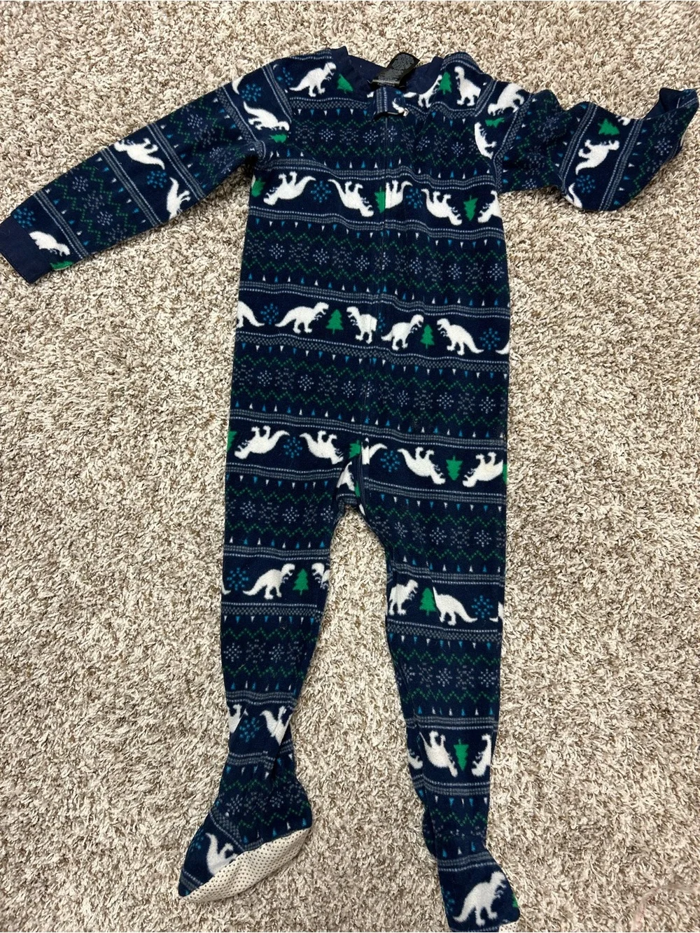 Joe Boxer Kids Navy Blue Dino Print Footed One-Piece Fleece Pajamas Sz 4 T